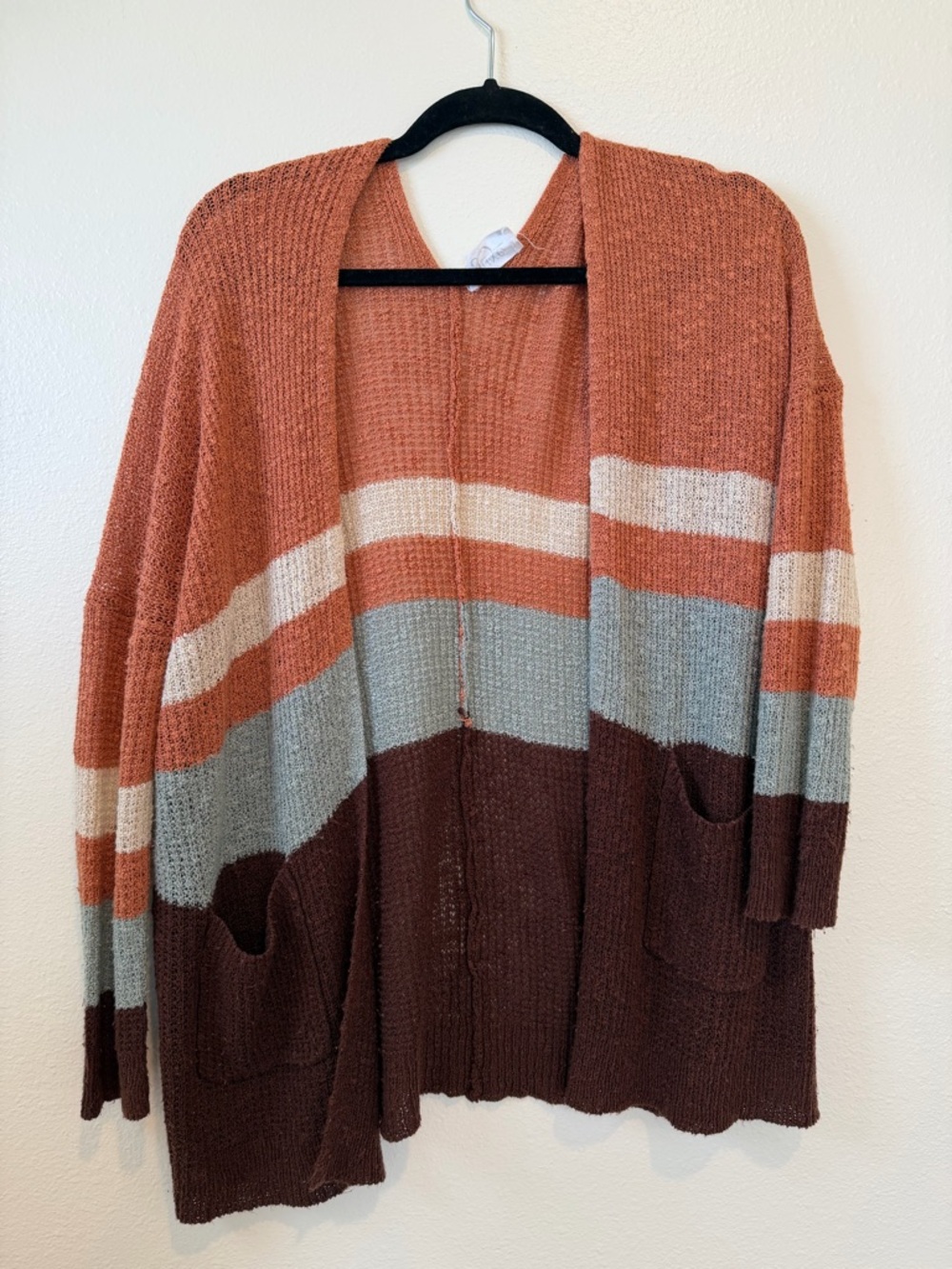 chic Open-Front Striped Cardigan in Rust, Cream, Gray, Brown